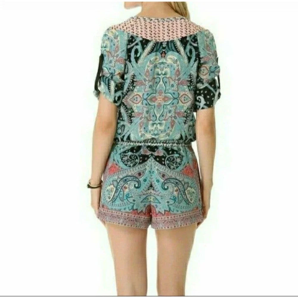 BCBGMAXAZRIA ROMPER BOHEMIAN TURQUOISE PRINT WOMENS MEDIUM NWOT